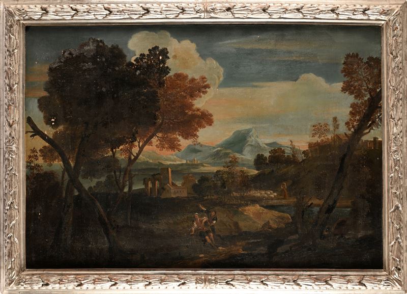 Pittore Romano del XVIII Secolo - Paesaggio con Rovine e Figure