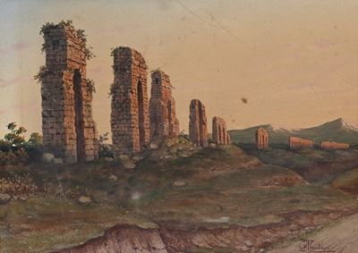 Resti di un antico acquedotto nella Campagna Romana, acquerello su cartoncino