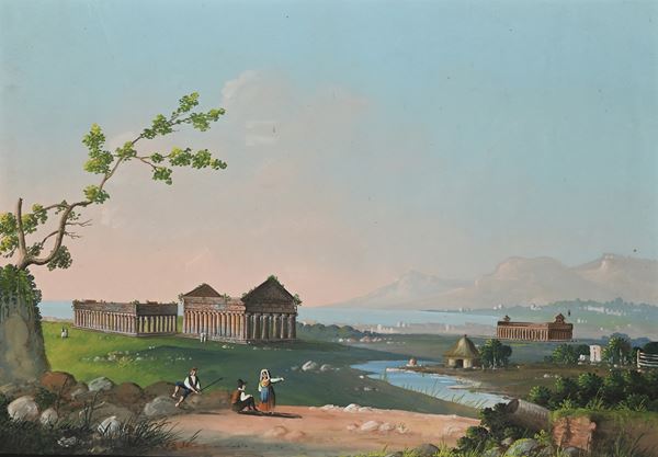 Pestum, veduta degli antichi templi e della costa con viandanti in sosta