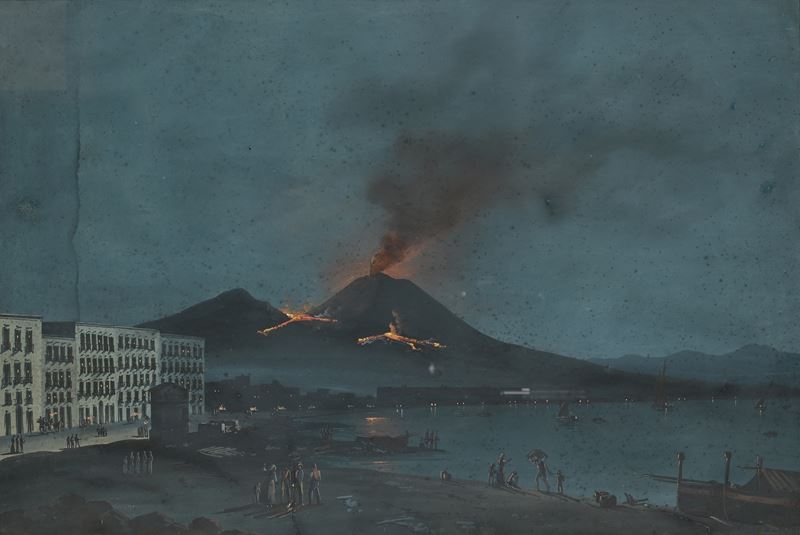 Scuola Napoletana del XIX Secolo - Napoli, Veduta Notturna Dell'eruzione del Vesuvio del 1778