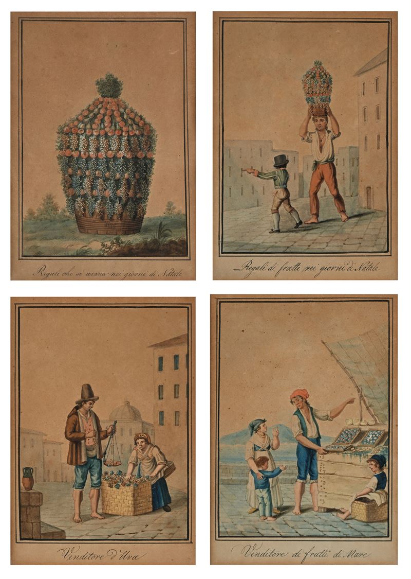 Scuola Napoletana Prima Metà del XIX Secolo - 'venditore D'uva'; 'venditore di Frutti di Mare'; '...