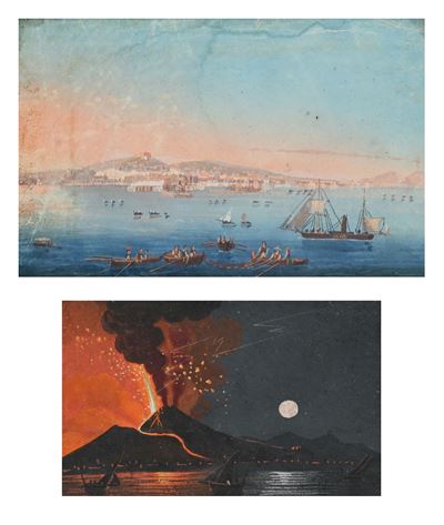 A) Veduta di Napoli da Mare con Barche di Pescatori e Velieri; B) 'eruzione del 1804'