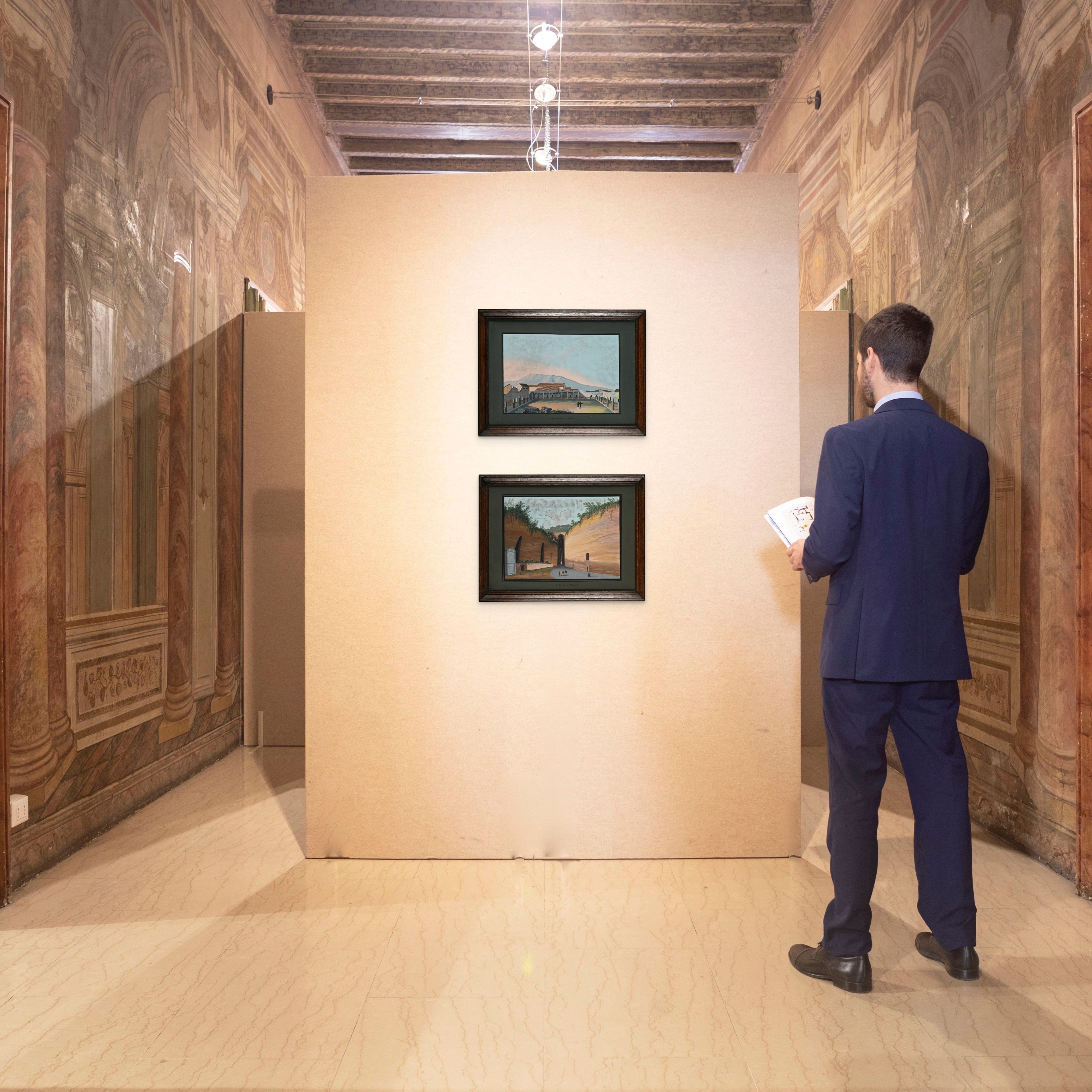 Scuola Napoletana del XIX Secolo - 'grotta di Posillipo' e 'quartiere a Pompei'
