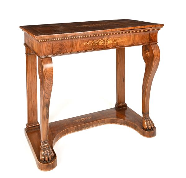 Console in mogano con intarsi in legno di frutto alla maniera di George Smith, Napoli, prima metà del XIX secolo