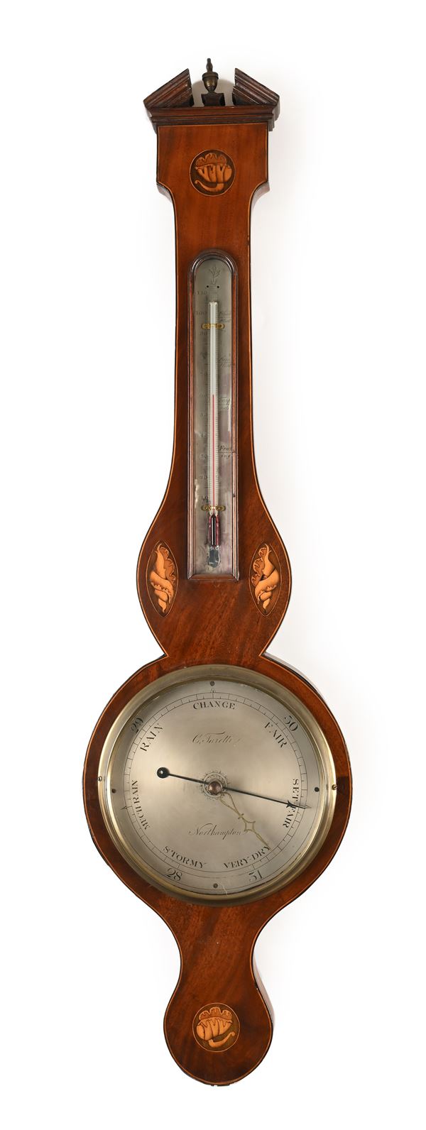 Barometro a banjo in mogano con intarsi in legno di frutto, Inghilterra, XIX secolo