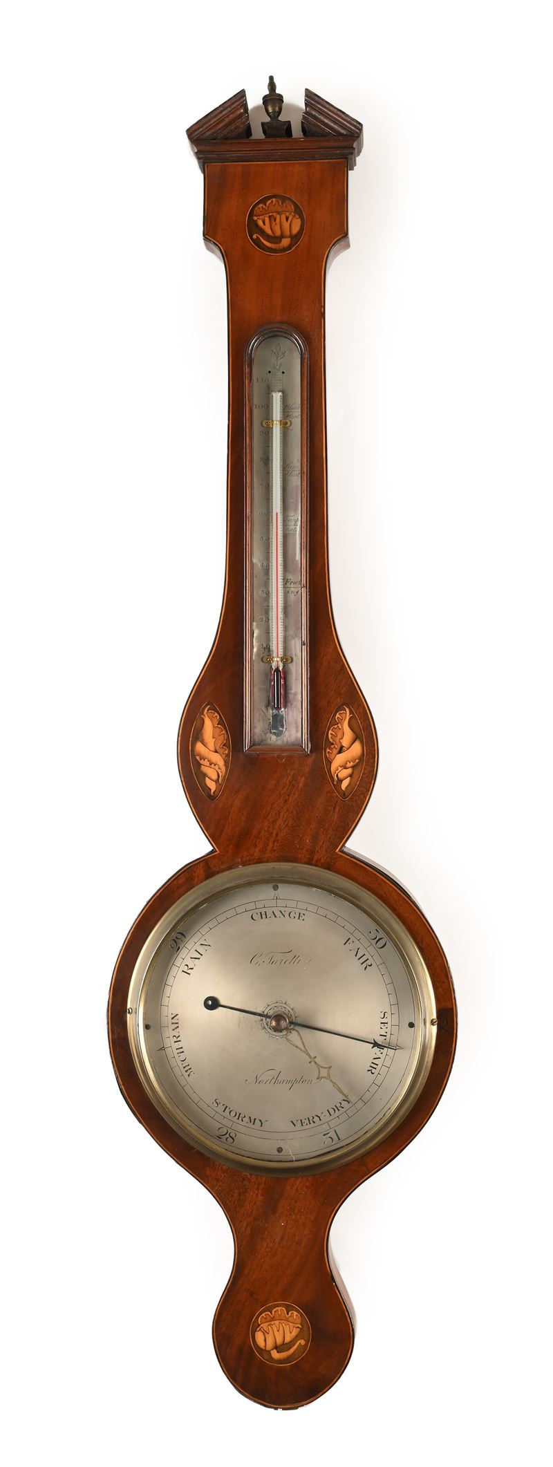 Barometro a banjo in mogano con intarsi in legno di frutto, Inghilterra, XIX secolo