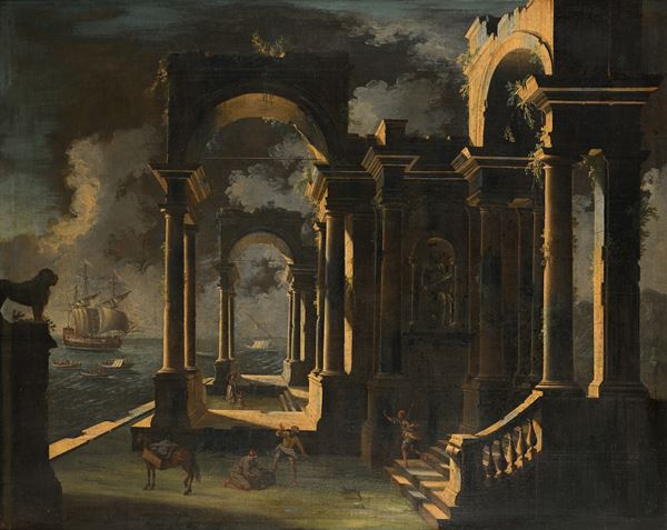 Architettura con figure e sfondo di vedute costiere