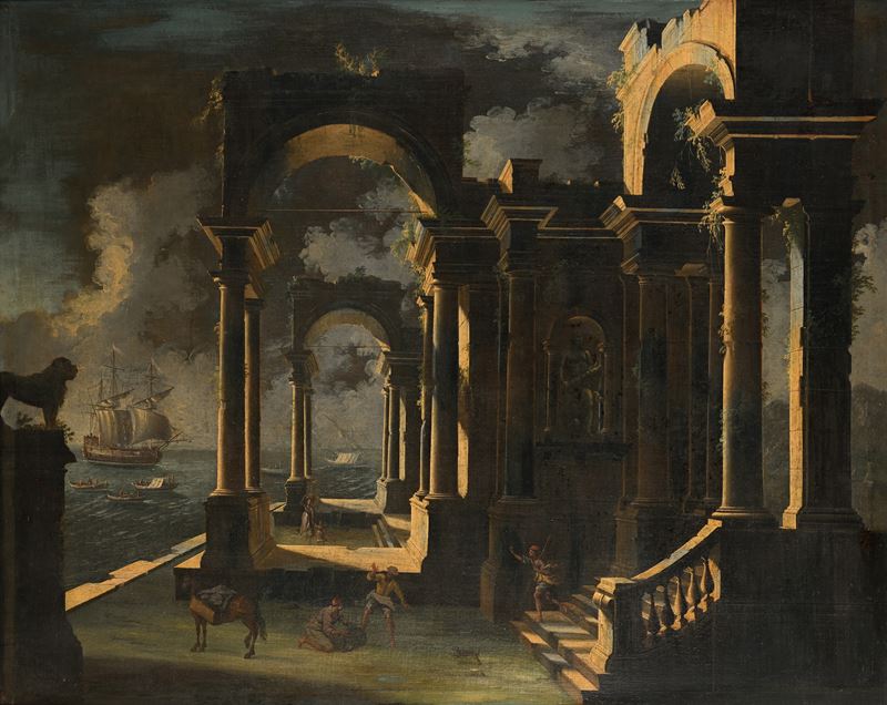 Leonardo Coccorante - Architettura con Figure e Sfondo di Vedute Costiere