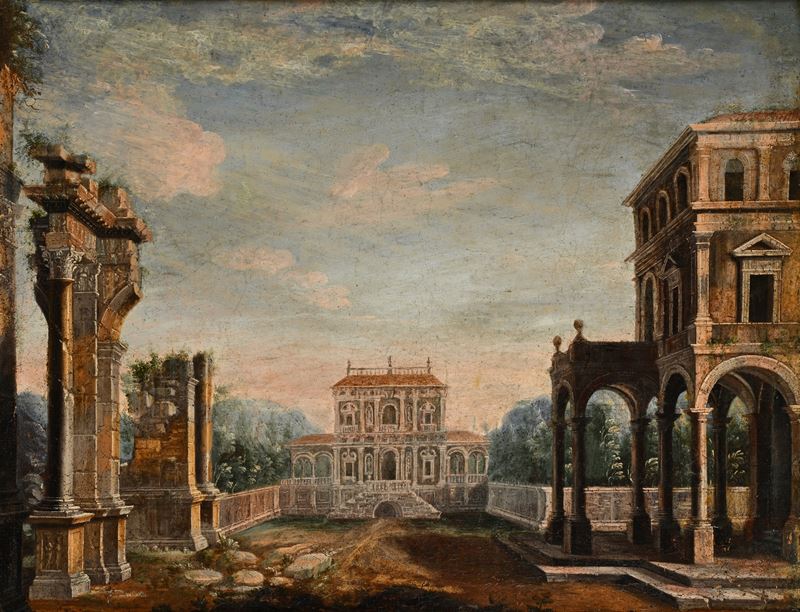 Scuola Romana del XVIII Secolo - Capriccio Architettonico con Sfondo di Villa