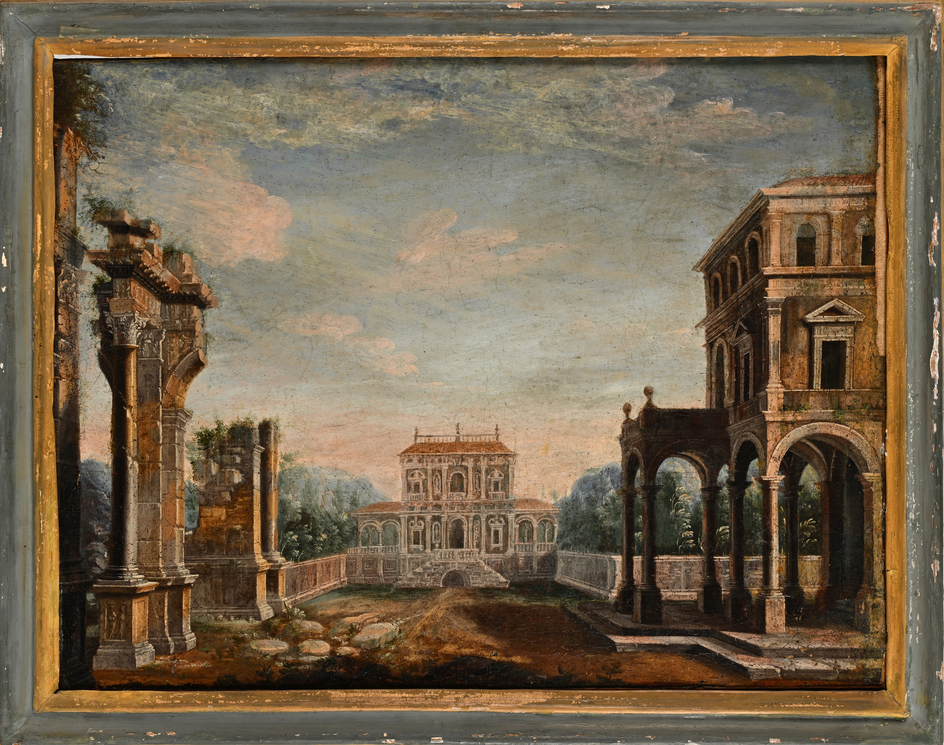 Scuola Romana del XVIII Secolo - Capriccio Architettonico con Sfondo di Villa