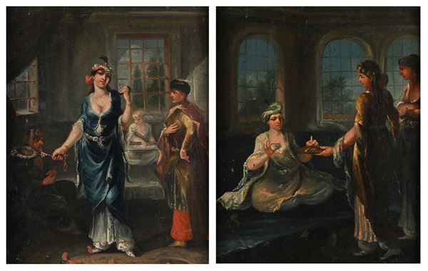 a) Donna turca nel suo appartamento  b) Ragazza turca che prende il caffè sul divano