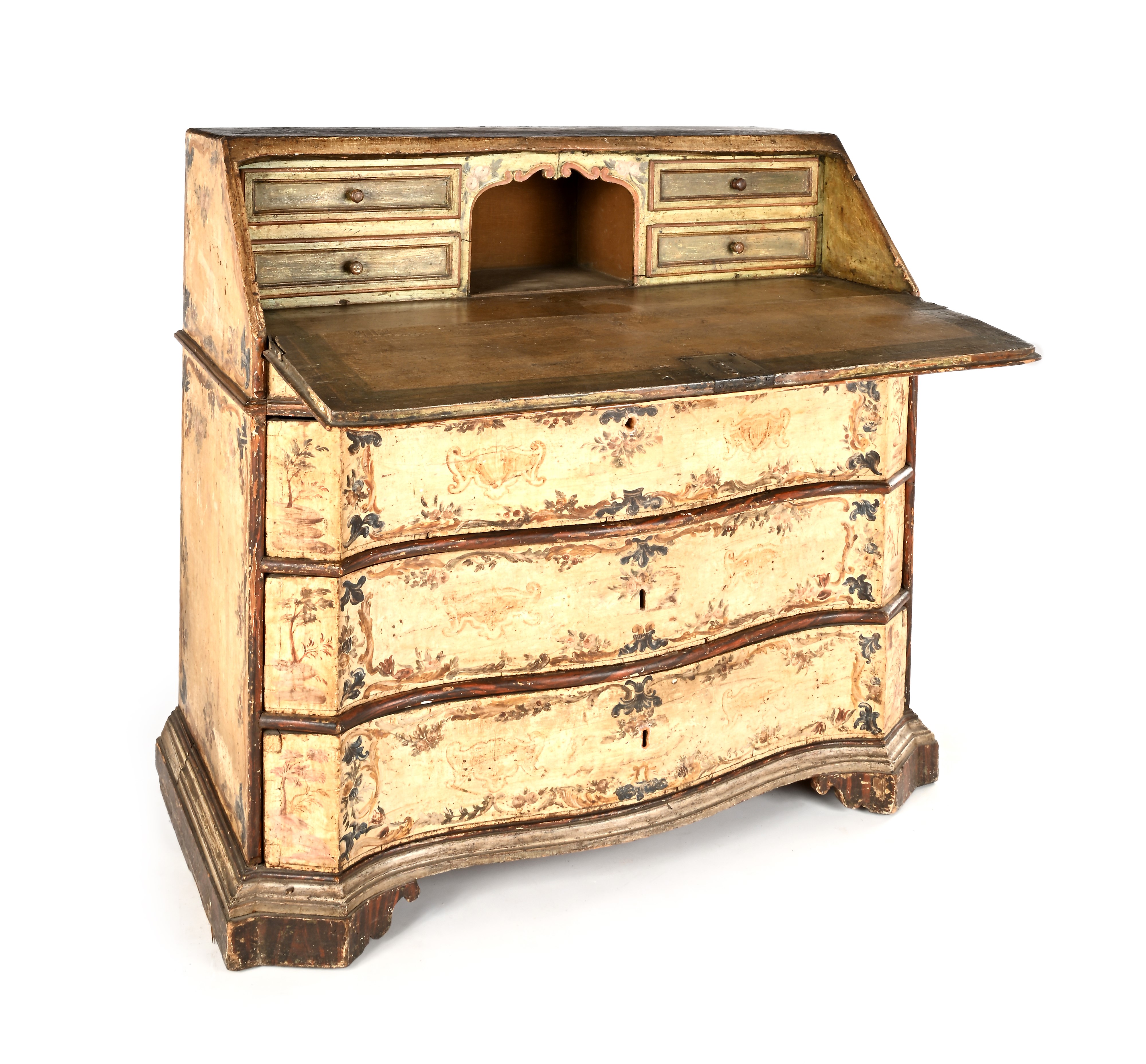 Cassettone a ribalta in legno laccato e dipinto, Veneto, XVIII secolo
