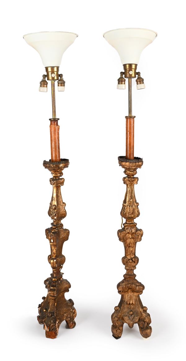 Coppia di torciere in legno intagliato e dorato, Italia meridionale, XVIII secolo
