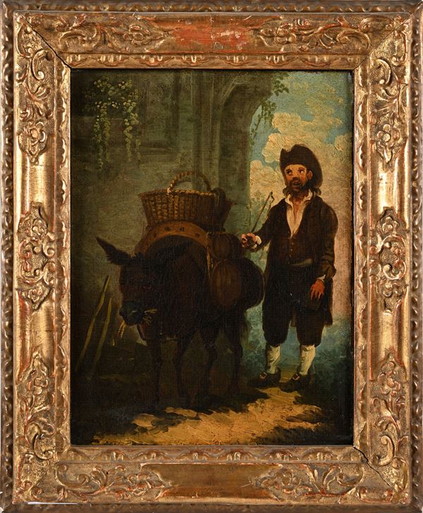 Scena di genere con figura di contadino e asinello