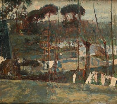 Paesaggio di campagna con pini marittimi, olio su tela