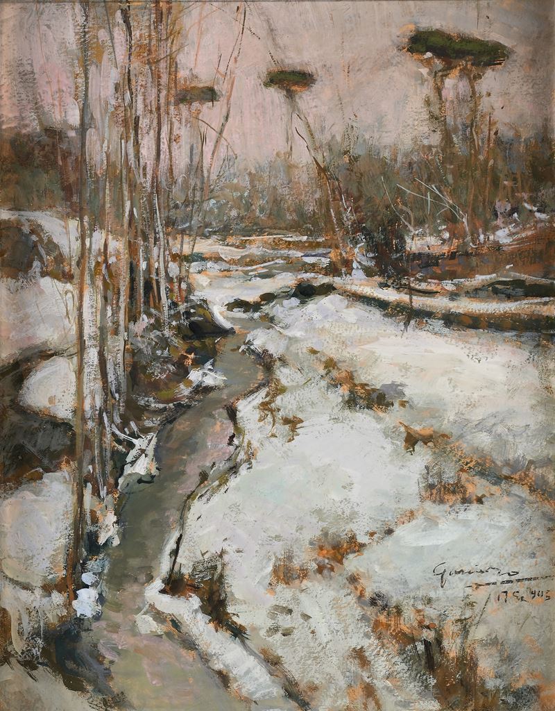 Giuseppe Casciaro - Paesaggio di Campagna Innevato con Ruscello