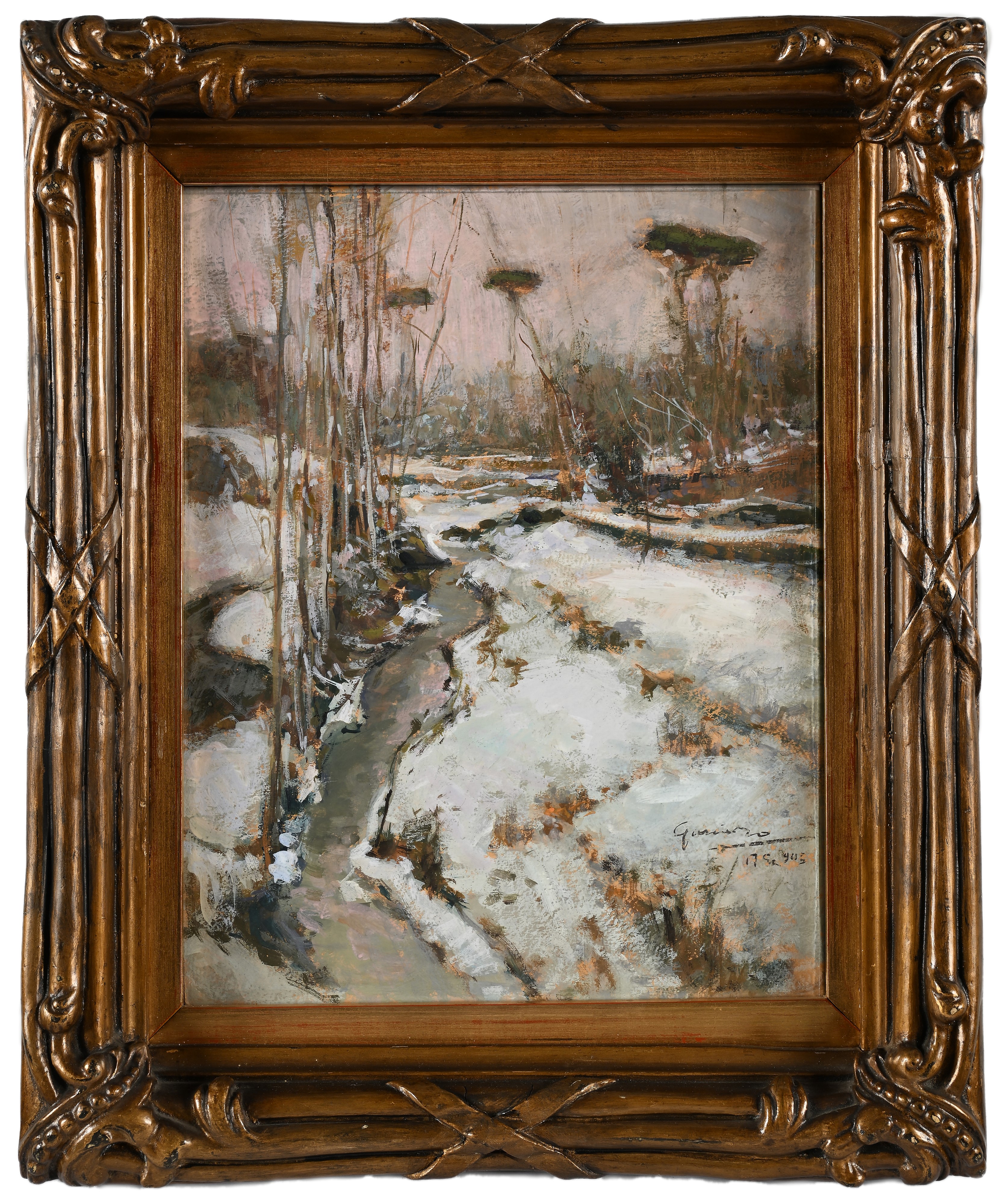 Giuseppe Casciaro - Paesaggio di Campagna Innevato con Ruscello