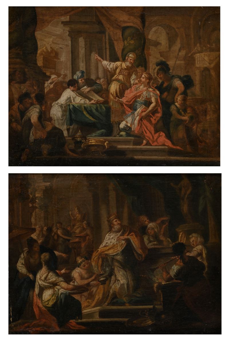 Scuola Romana del XVIII Secolo - A) L’idolatria di Re Salomone; B) Alessandro Magno nel Tempio di...