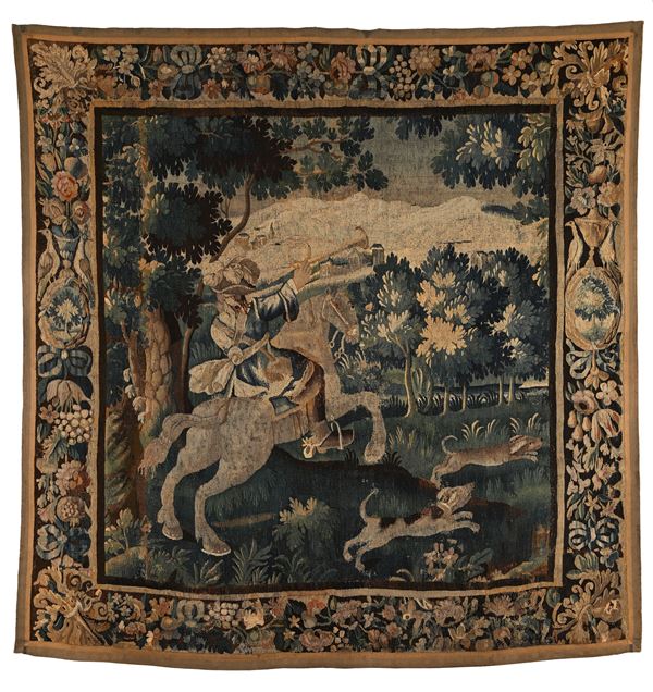 Arazzo fiammingo "a verdura” con scena di caccia, Fiandre, XVIII secolo