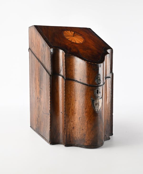 Scatola portaposate in mogano e satinwood, Inghilterra, XIX secolo