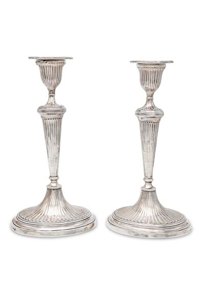 Coppia di Candelieri in Argento, Probabilmente Produzione Italiana su Modello Inglese, Fine XIX S...