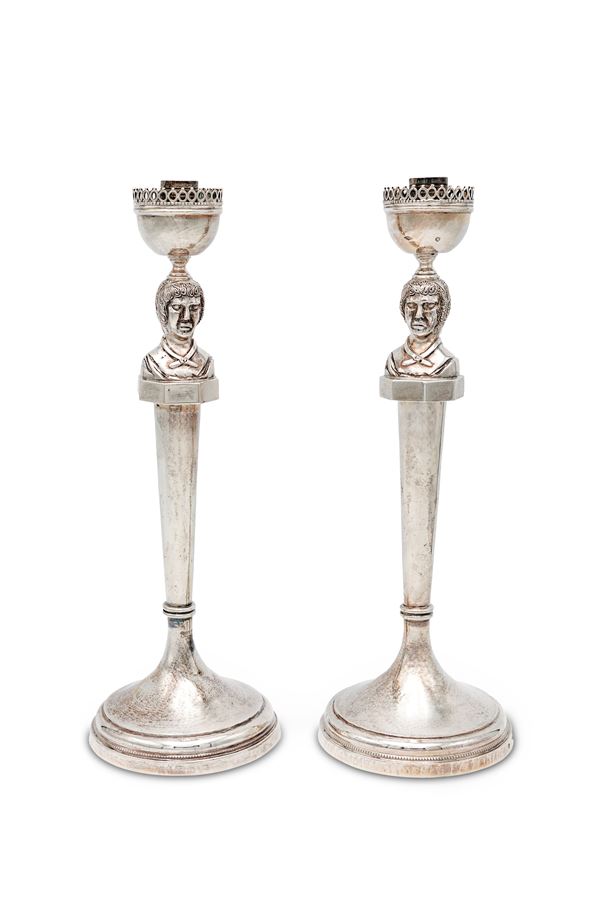 Coppia di candelieri in argento, Roma 1815, orafo Angelo Giannotti