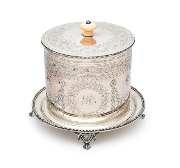 Scatola porta dolci cilindrica in sheffield, Londra, Elkington & co., 1865 - 1897