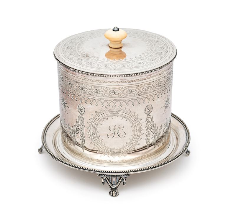 Scatola porta dolci cilindrica in sheffield, Londra, Elkington & co., 1865 - 1897