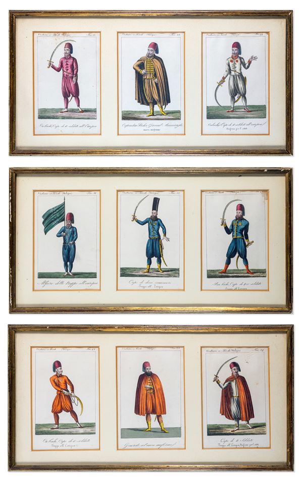 Nove incisioni colorate raffiguranti costumi musulmani, entro tre cornici, XIX secolo