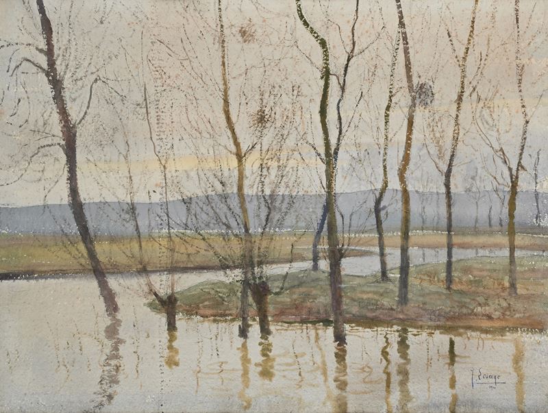 Joseph Lesage (scuola Francese Inizio del XX Secolo - Paesaggio Fluviale con Alberi Spogli