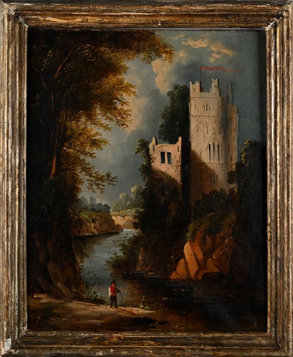 Paesaggio fluviale con torrioni e figura di viandante