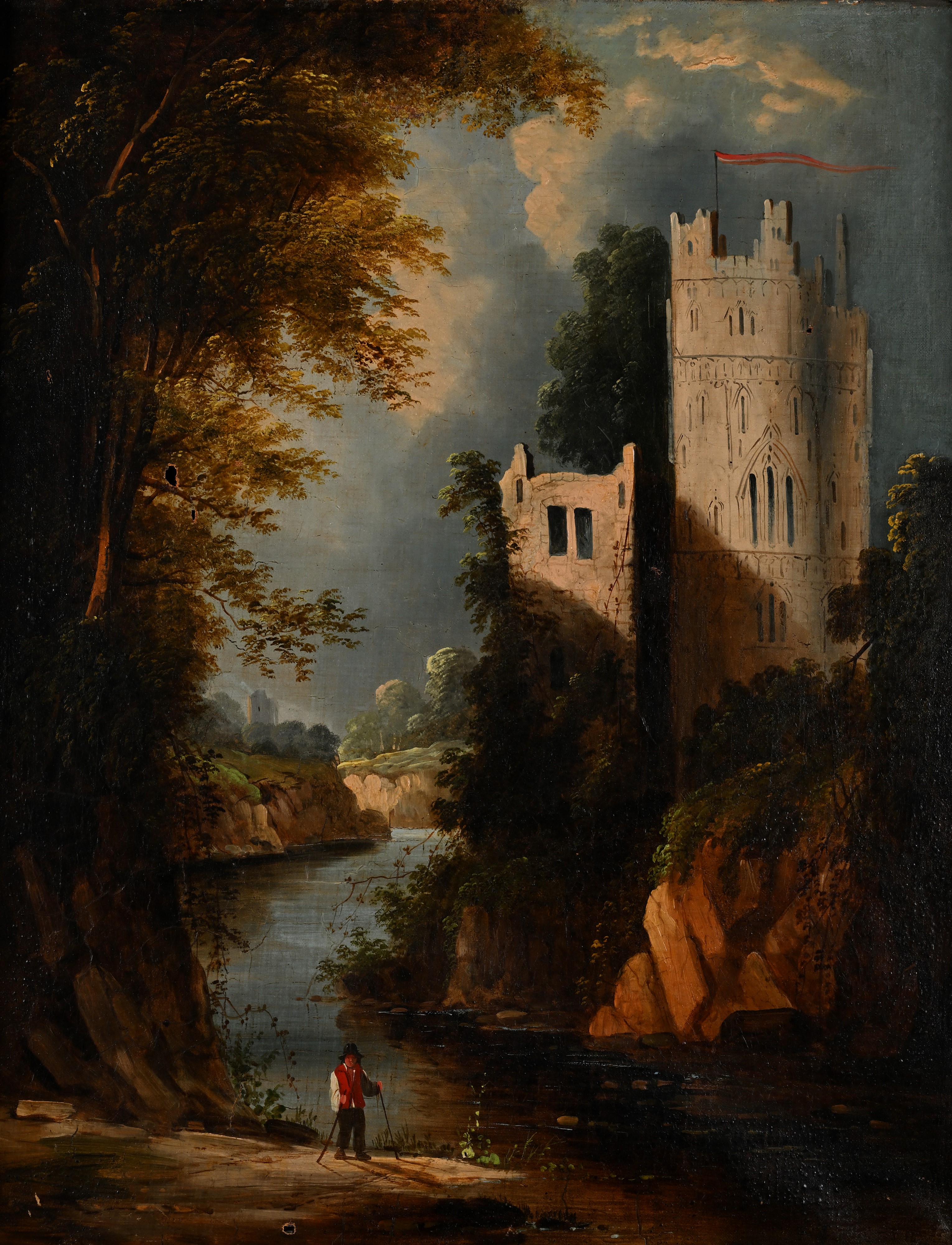 Paesaggio fluviale con torrioni e figura di viandante