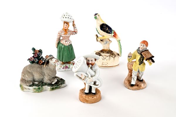 Cinque figure in terraglia e in porcellana policroma, varie manifatture, XIX secolo