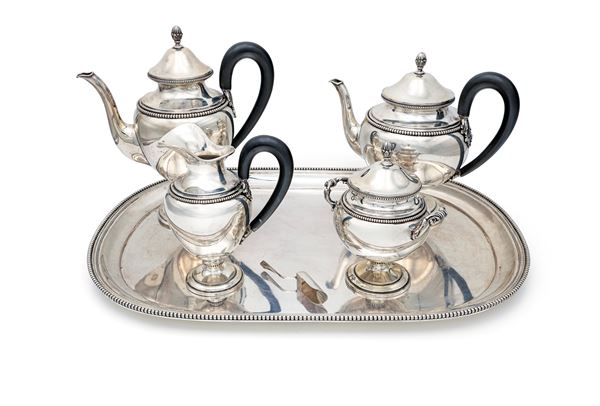 Servizio da tè e caffè in argento 800/000 con vassoio ovale, Romeo Miracoli, Milano, XX secolo