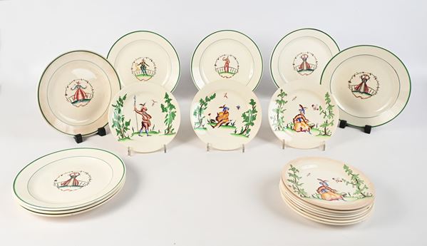 Dieci piatti piani e dieci da dessert in ceramica decorata in vivace policromia, serie "Vecchia Milano",  [..]