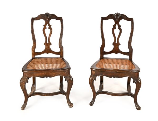 Coppia di sedie da camino in mogano, Veneto, XVIII secolo