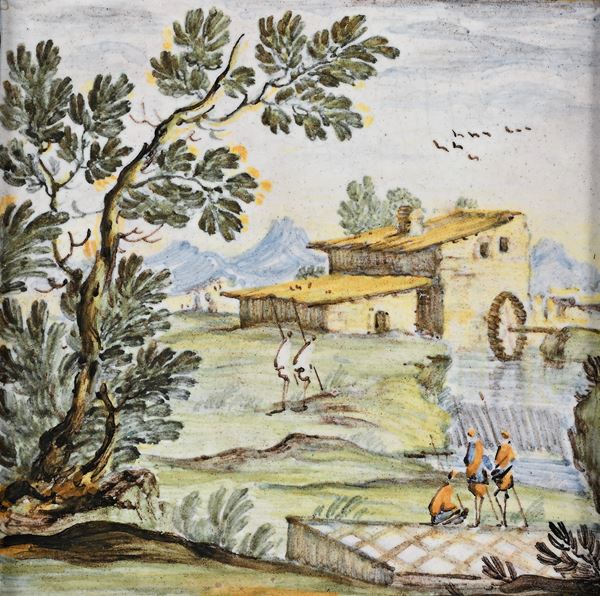 Mattonella in maiolica policroma, manifattura di Castelli, XX secolo