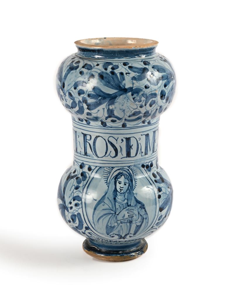 Albarello a Rocchetto in Maiolica Decorata in Blu su Fondo Berettino, Savona