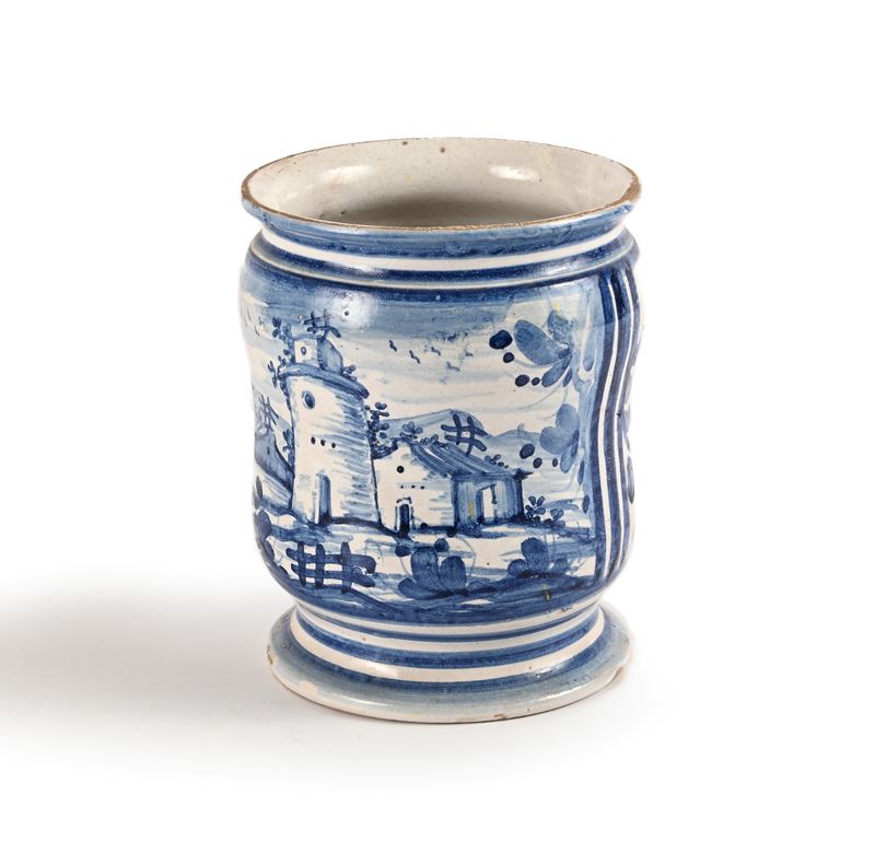 Albarello Cilindrico in Maiolica Bianca e Blu, Liguria, XIX Secolo