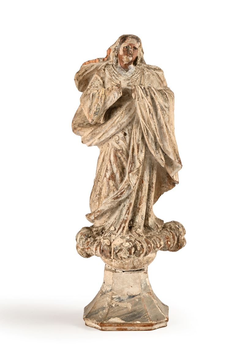 Scultura in Legno Decapato Raffigurante Immacolata, XVII Secolo