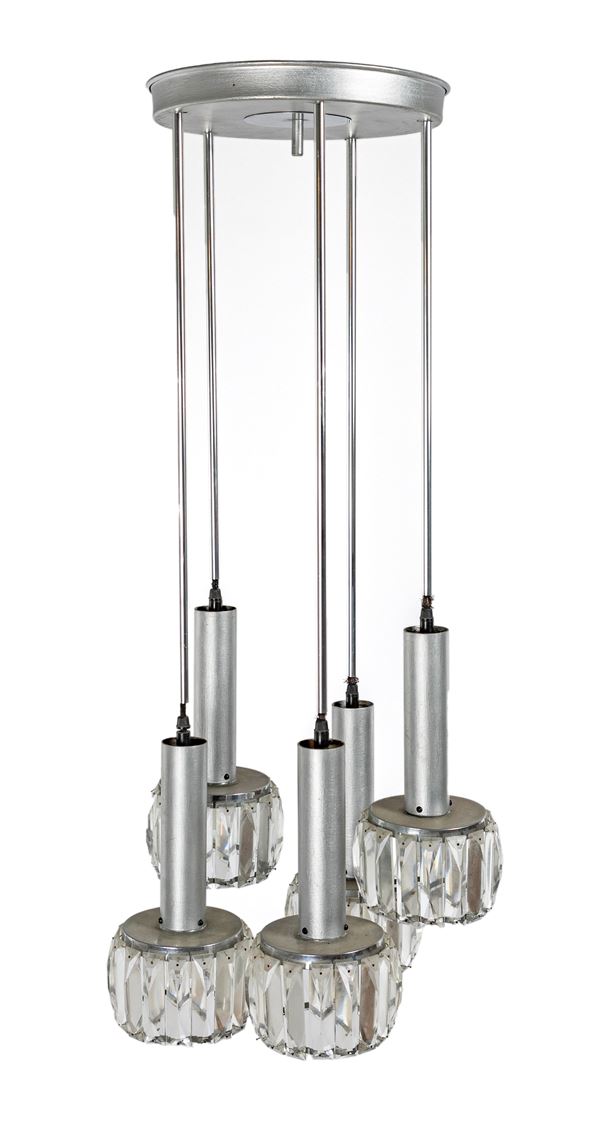 Lampadario a cinque luci da soffitto in metallo e cristallo