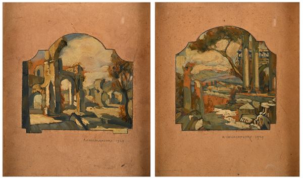 Due paesaggi con antiche rovine architettoniche