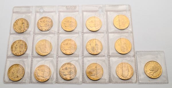 15 monete da 20 lire (1862, 1863, 1865, 1868, 1869, 1873 Milano, 1876, 1877, 1878) Vittorio Emanuele II Regno d'Italia e 20 Lire 1842 Genova Carlo Alberto Regno di Sardegna