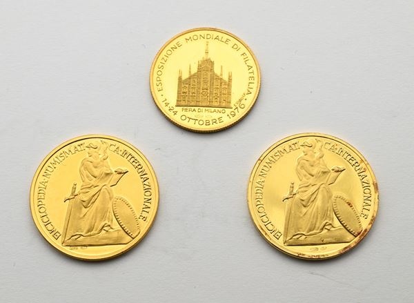 Lotto di 2 medaglie in oro Proof Enciclopedia Numismatica Internazionale (Rommel e Roosevelt) e 1 medaglia in oro Proof Intercoins Italia '76