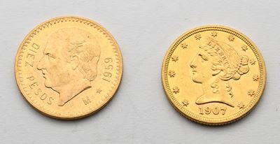5 Dollari 1907 Usa e 10 Pesos 1959 Messico