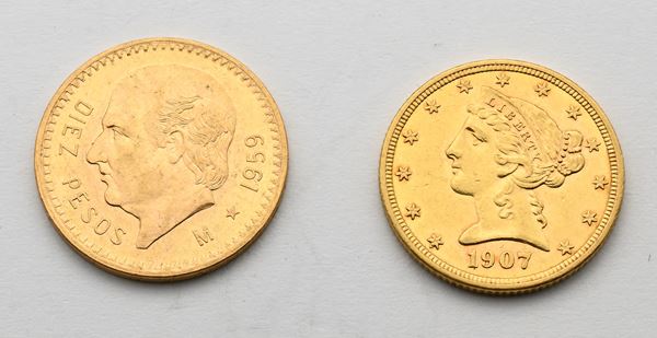 5 dollari 1907 USA e 10 pesos 1959 Messico