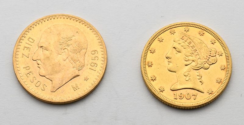 5 Dollari 1907 Usa e 10 Pesos 1959 Messico