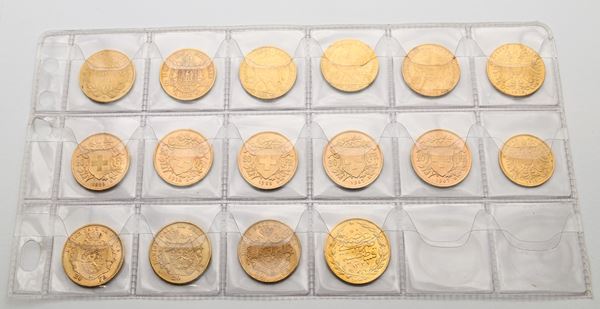 Lotto di 13 monete da 20 franchi Francia (1854 e 1865 Parigi, 1906, 1907 e 1908); Svizzera (1899, 1914, 1922 e 1947 (2); e Belgio (1869, 1870 e 1875) 10 Corone 1912 e 20 corone 1915 Francesco Giuseppe Impero Austriaco; e 100 Piastre Turchia