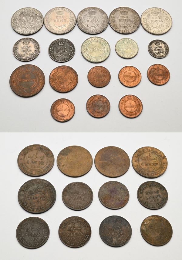 Lotto Somalia Italiana Vittorio Emanuele III - 1 Rupia 1910, 1912, 1913, 1915 e 1919; Mezza Rupia 1910 e 1913; 1/4 di Rupia 1910; 4 Bese 1909 (2), 1910, 1921 e 1923; 2 Bese 1909 (2), 1910, 1913, 1921, 1924 (2); 1 Somalo, 50, 10, 5 e 1 Cts. (6) 1950 Somalia AFIS