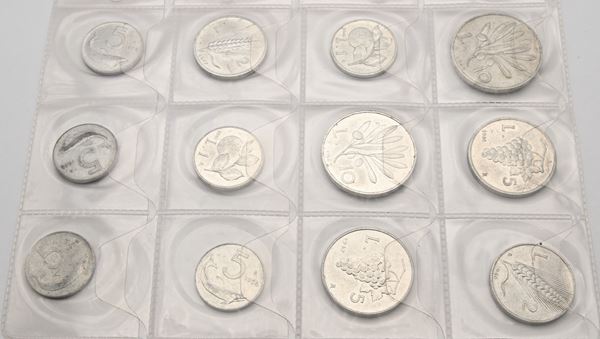 Lotto 10, 5, 2 Lire, e 1 Lira Serie 1946 e 1947; e 4 monete da 5 Lire 1956 Repubblica Italiana